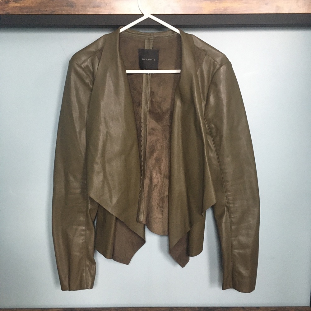 Dynamite Olive Green Faux Leather Open Blazer